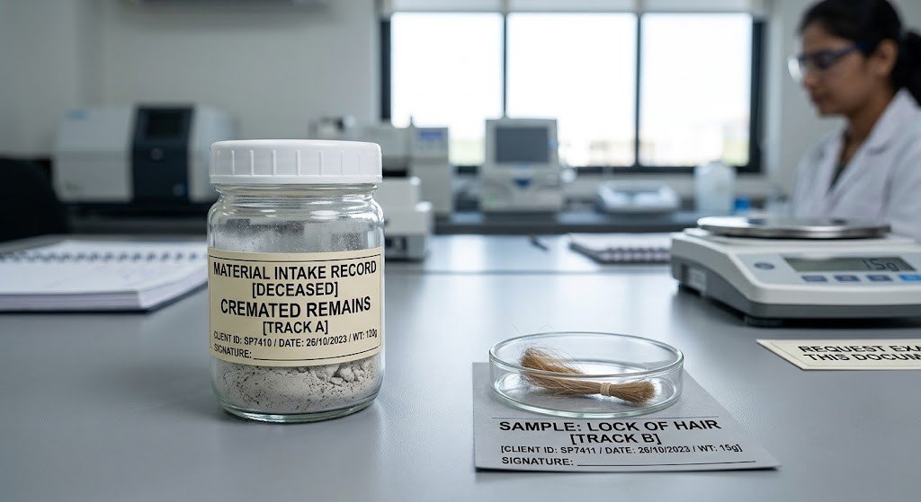 Partner ashes hair diamond intake: two separately labeled containers side by side on a laboratory bench, one holding cremated remains and one a small lock of hair 