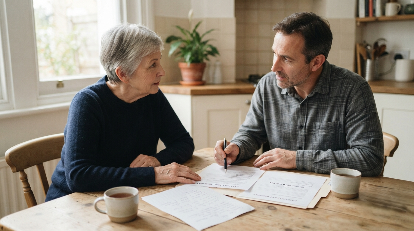 Two people talking across a kitchen table with paperwork between them, illustrating a conversation about authority over remains