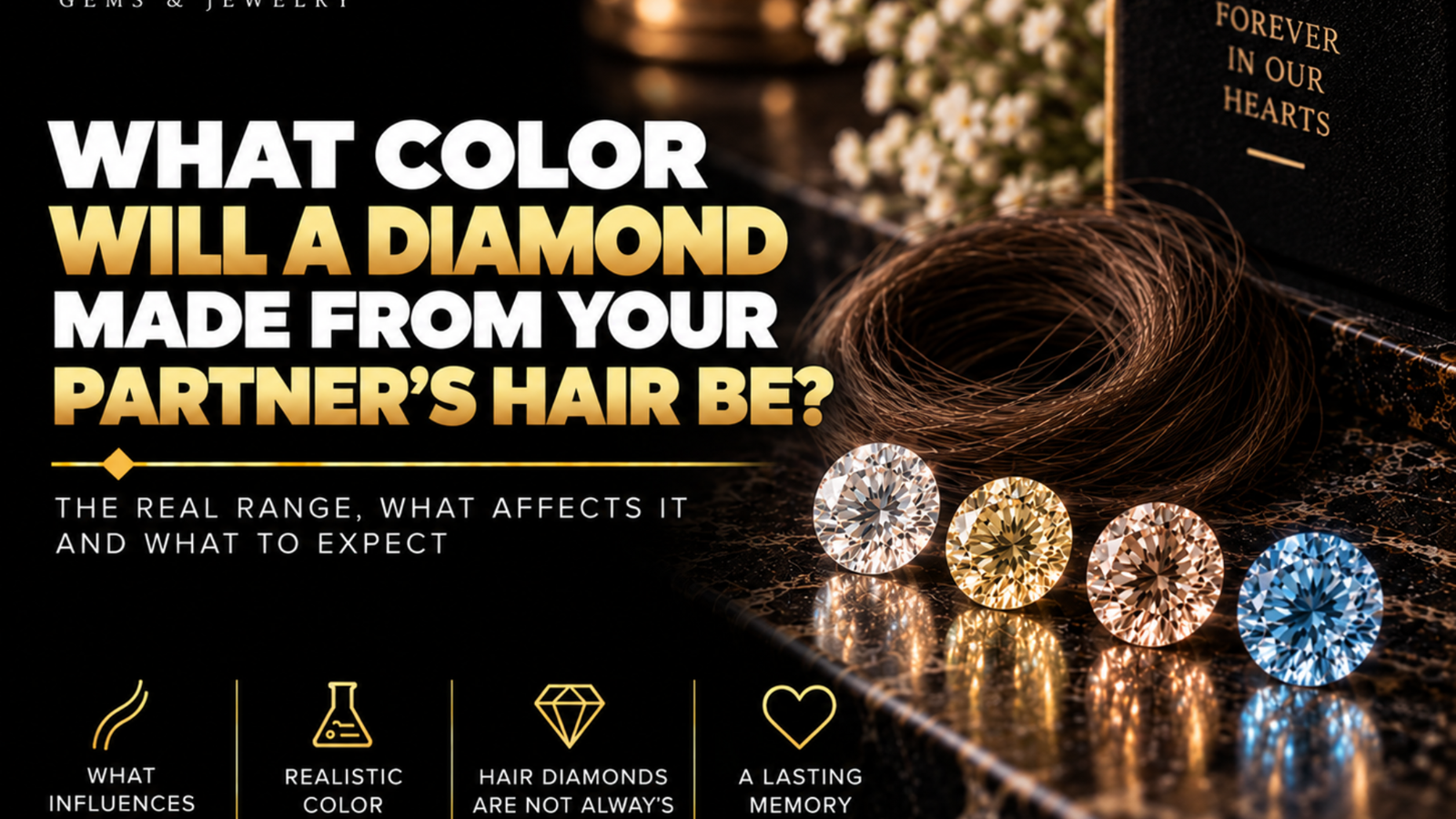 Partner hair diamond color range shown with brown hair and white, yellow, champagne, and blue memorial diamonds
