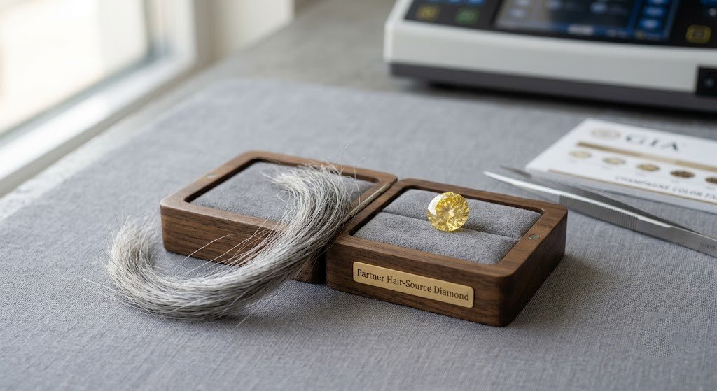 Partner hair diamond color illustrated by a lock of gray hair beside a finished yellow-toned memorial diamond Stock acceptable short-term. Focus Keyword in alt text. First priority for the brand's own photography