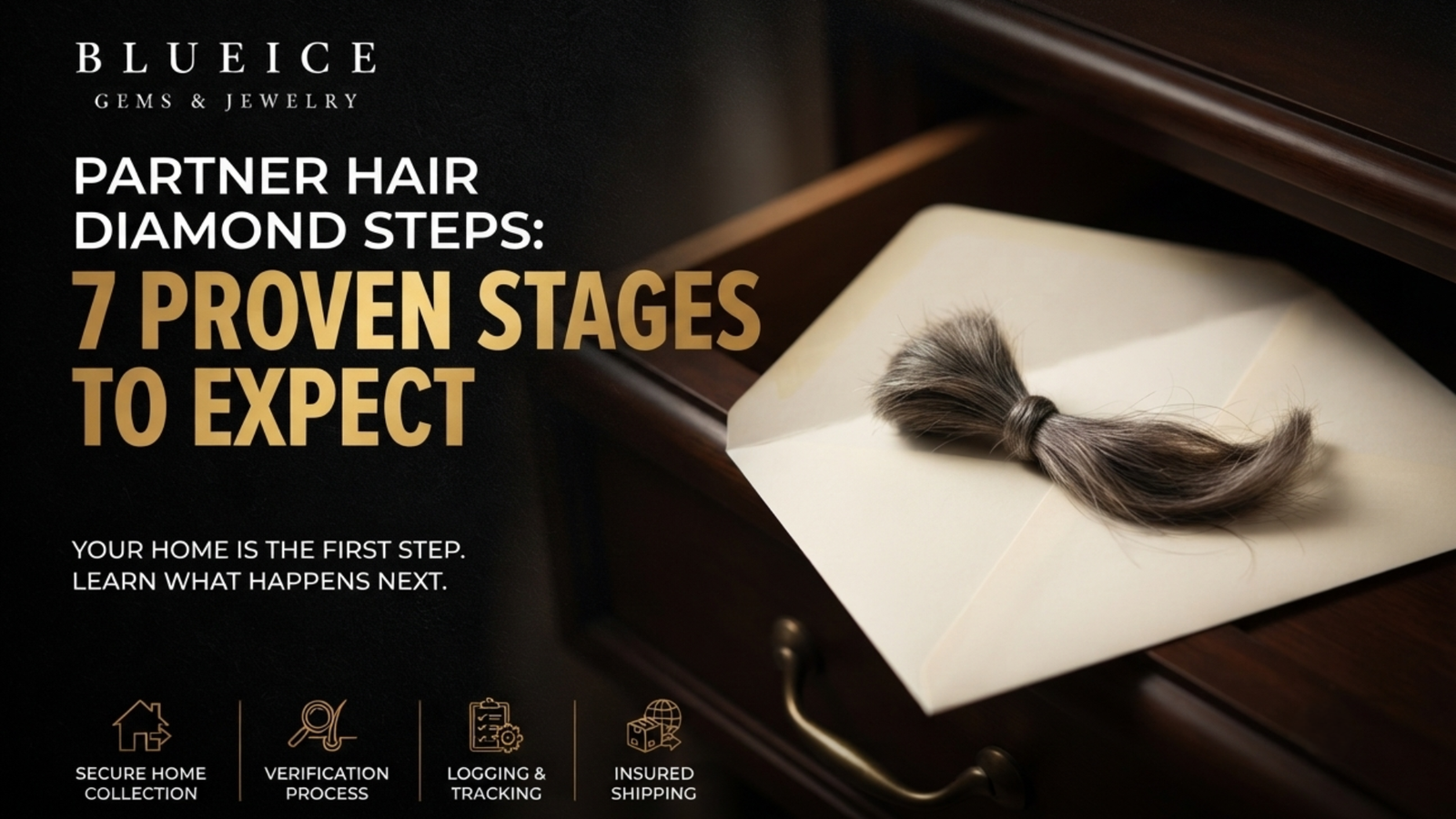 An unlabeled lock of hair in a paper envelope on a bedroom drawer, the household starting point of the partner hair diamond steps