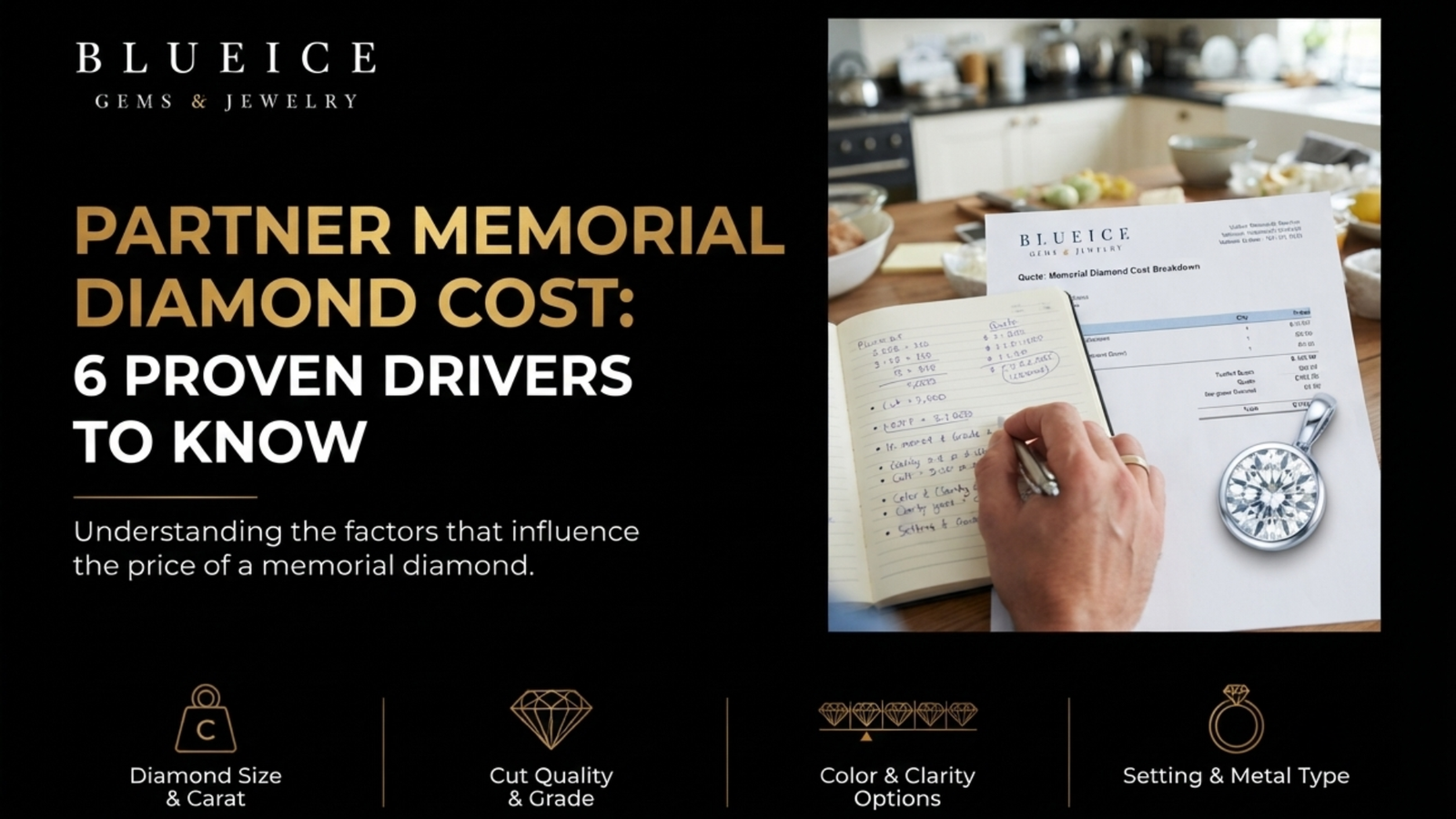 Partner memorial diamond cost being worked out from a written quote and a notebook on a kitchen table in daylight
