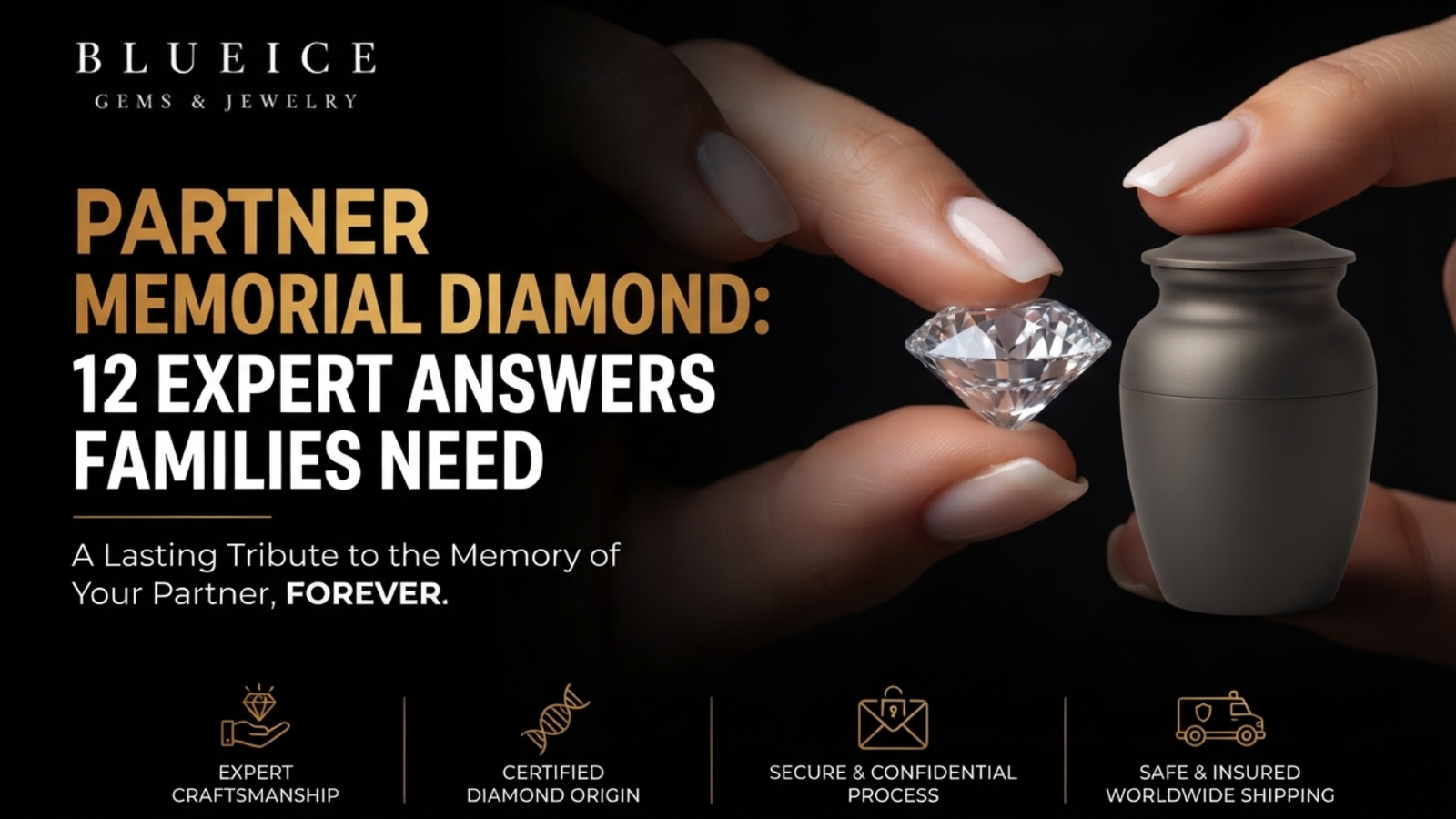 A polished memorial diamond held in fingertips beside a closed keepsake urn, the finished result of a partner memorial diamond