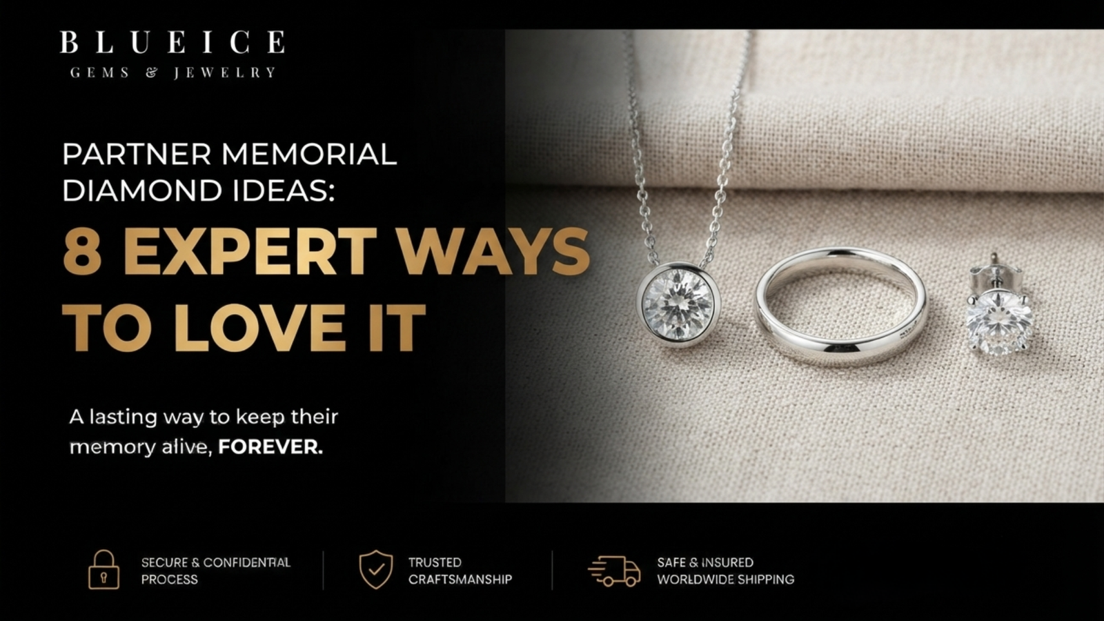 Three finished settings laid side by side on linen — a bezel pendant, a plain band and a single stud — showing the range of partner memorial diamond ideas
