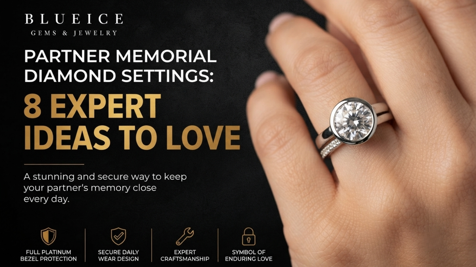 A memorial diamond in a full platinum bezel on a hand, the most protective of the partner memorial diamond settings for daily wear