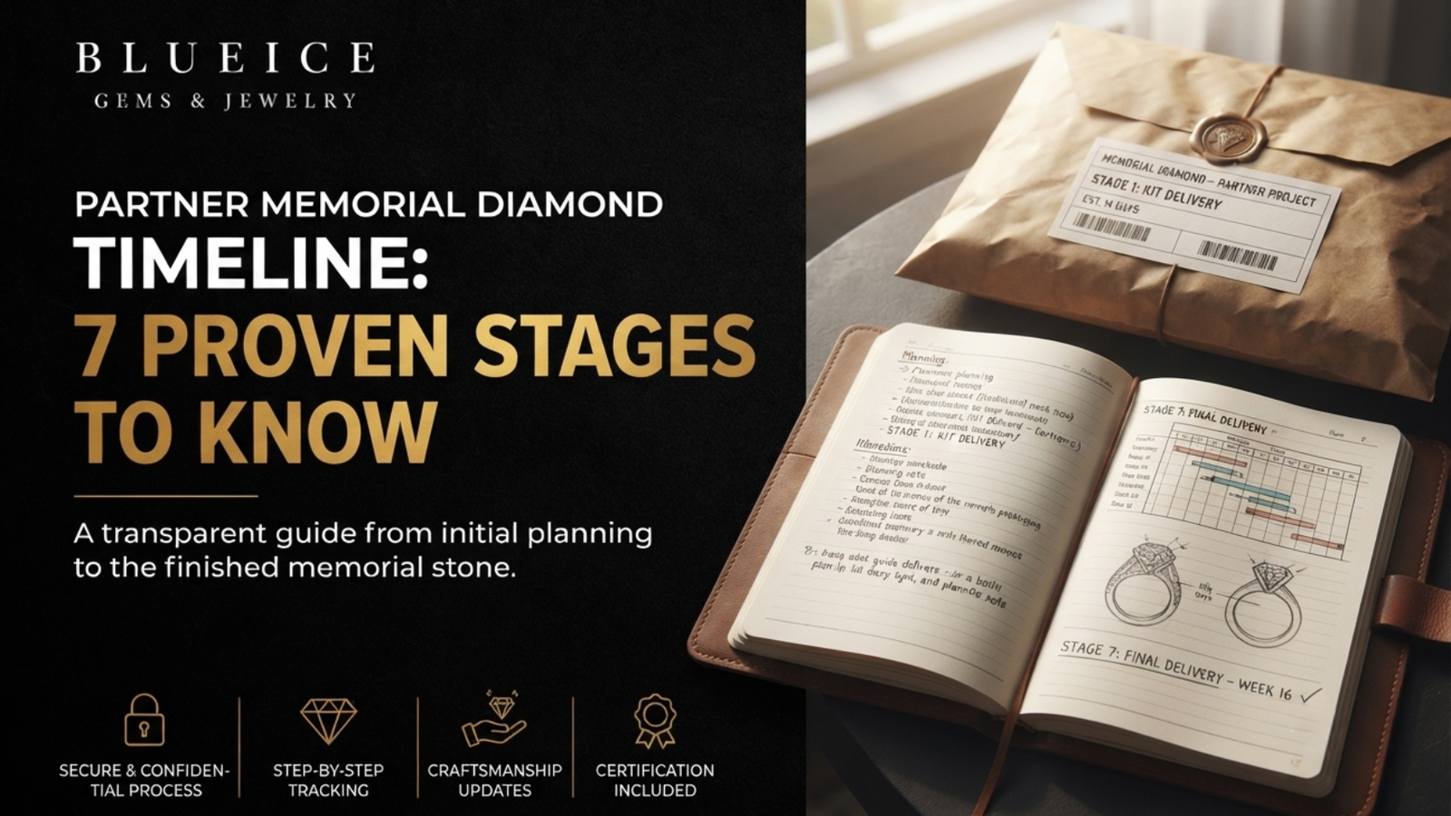 Partner memorial diamond timeline planning shown as a labeled parcel and an open notebook on a kitchen table in morning light