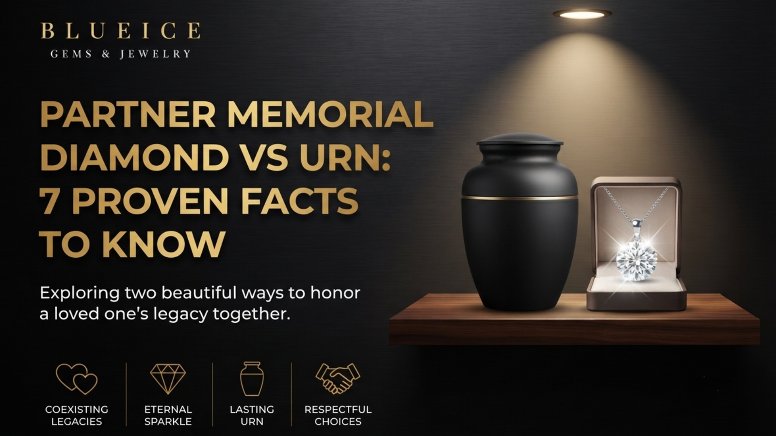 A closed ceramic urn and a small finished diamond on the same shelf, framing partner memorial diamond vs urn as two things that coexist rather than compete