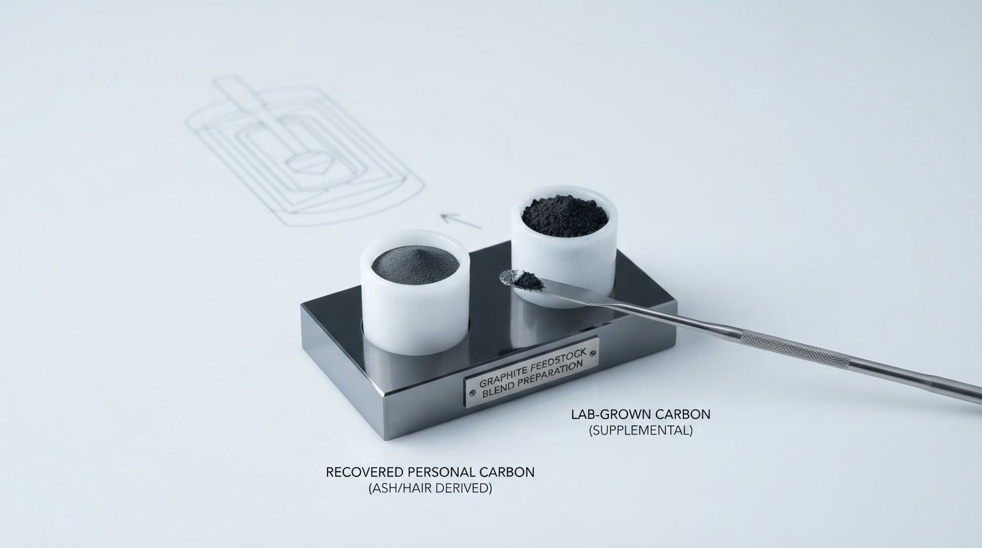 Purified graphite feedstock prepared for a diamond growth cell, where recovered personal carbon is blended with lab-grown carbon