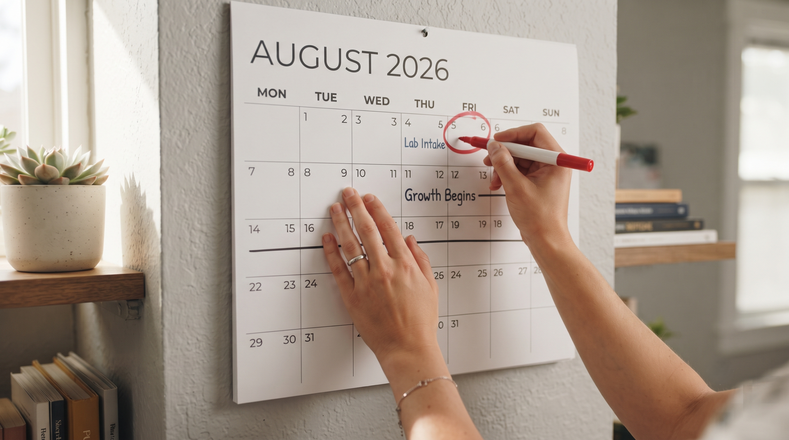 Hands marking dates on a wall calendar