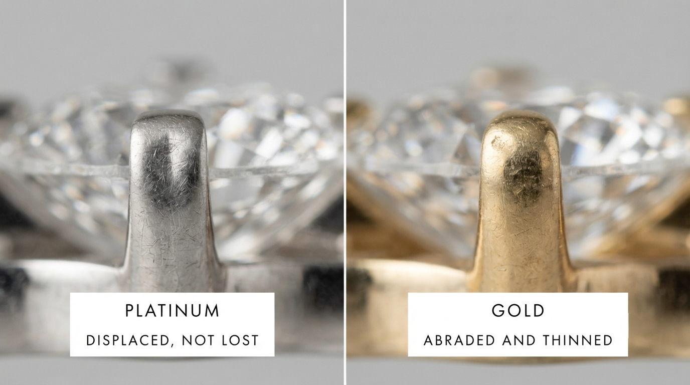 Close macro of a worn platinum prong beside a worn gold prong, showing displacement against material loss
