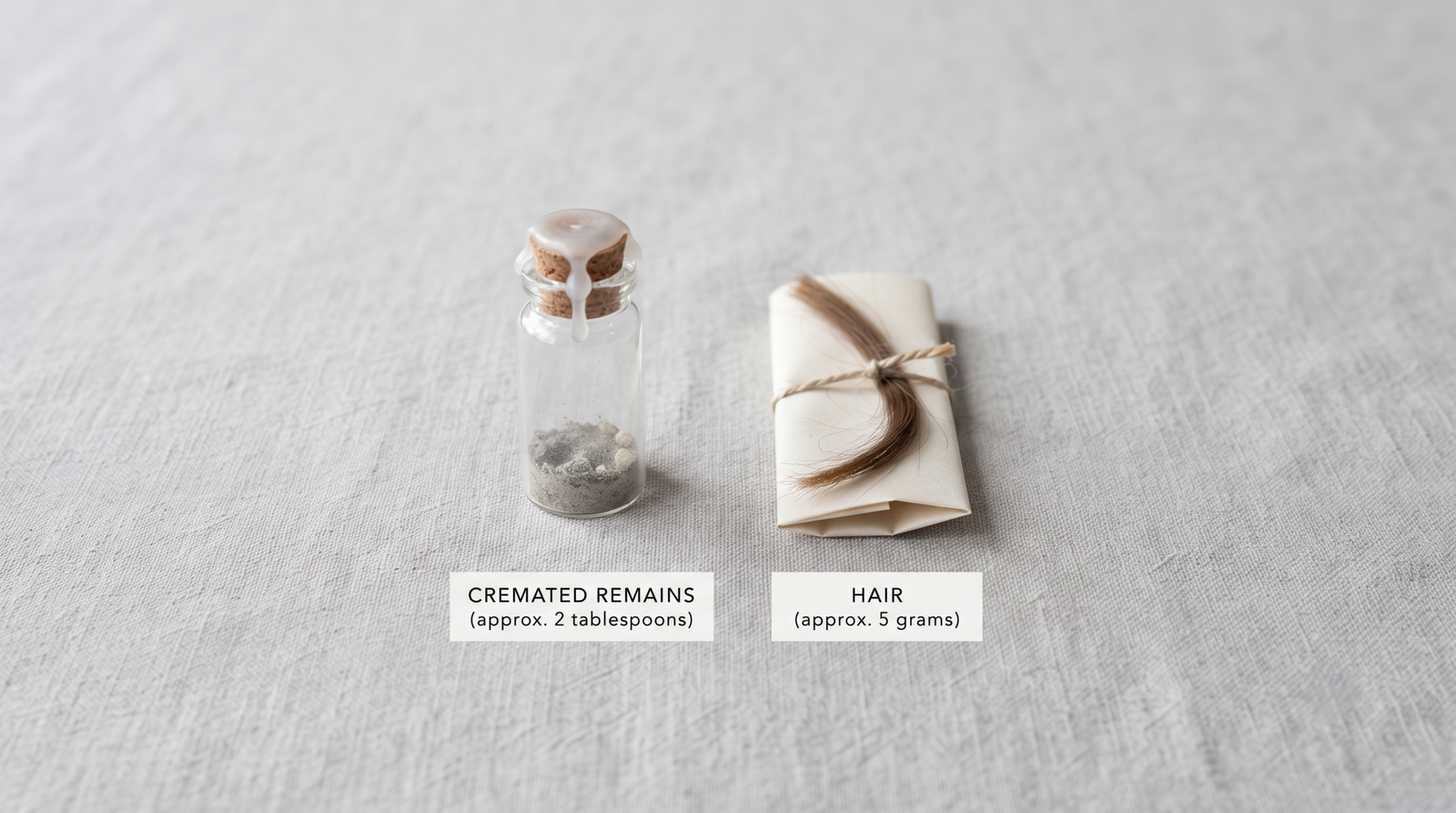 Small sealed container of cremated remains beside a lock of hair wrapped in paper, showing how little material is required