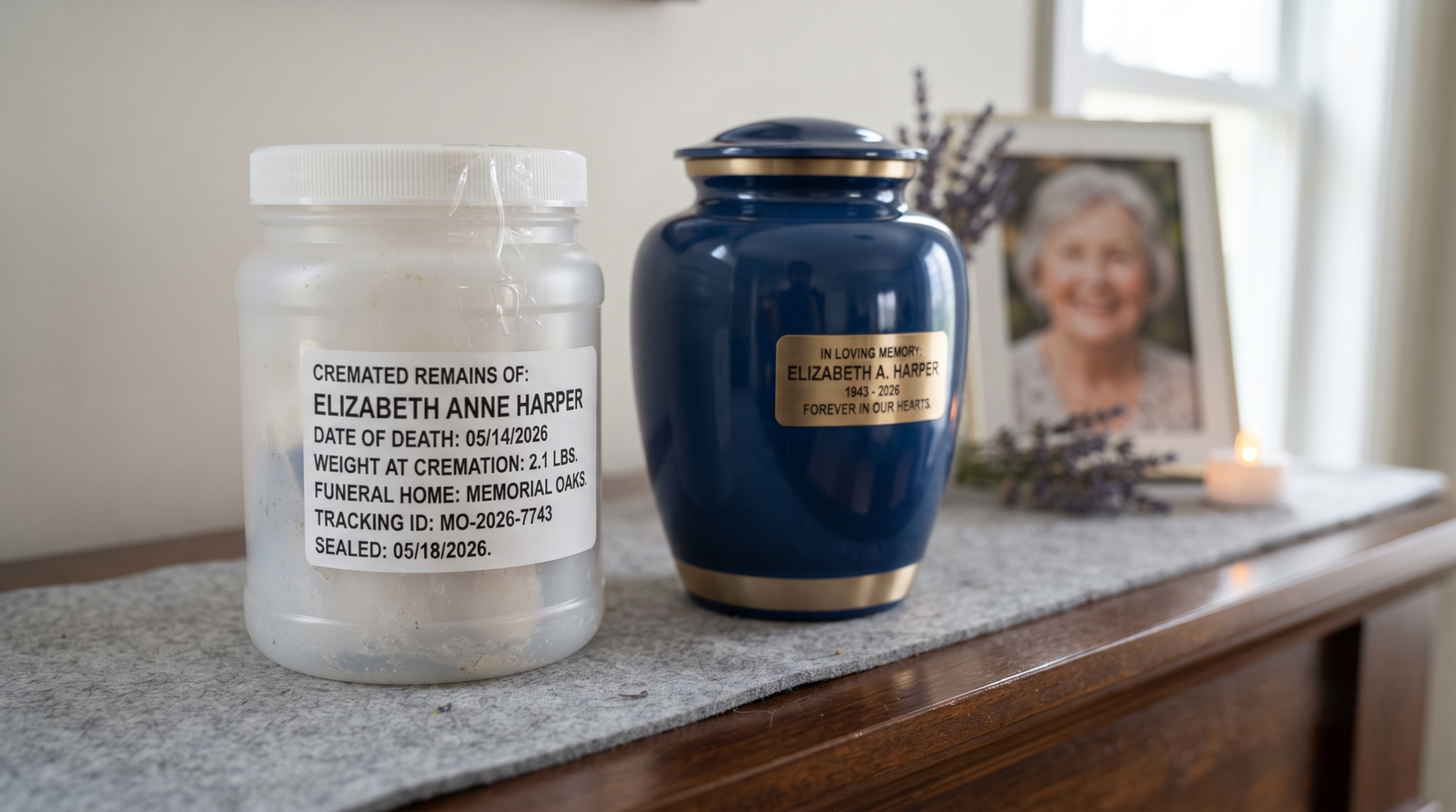 Labelled sealed container of cremated remains kept alongside an urn