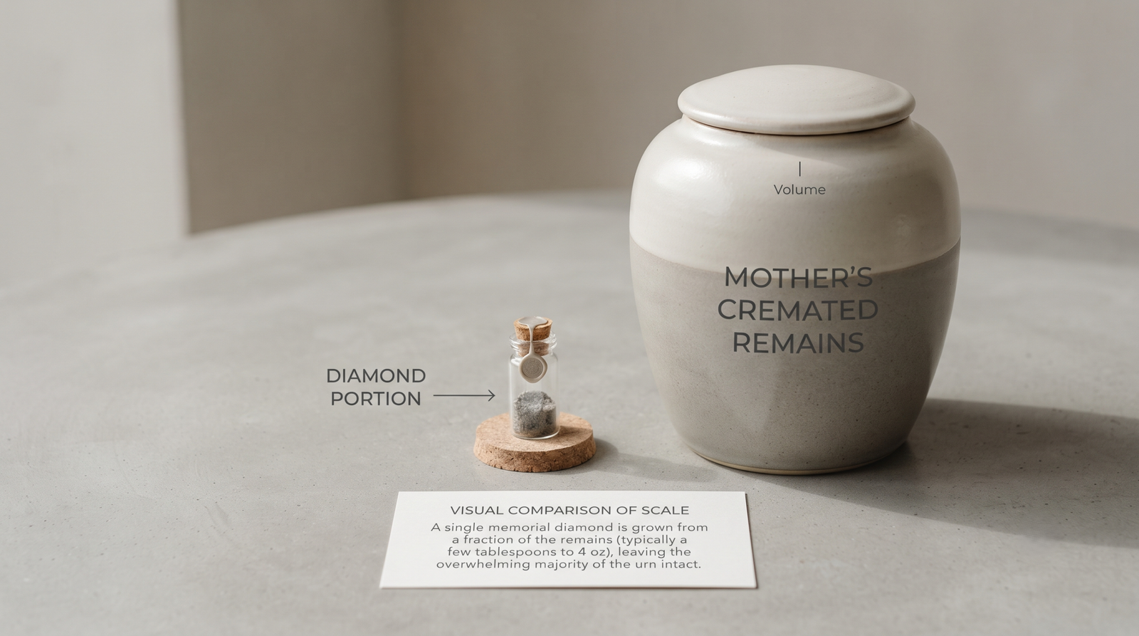 Small sealed container of cremated remains beside a mostly full urn, showing the scale of the portion used