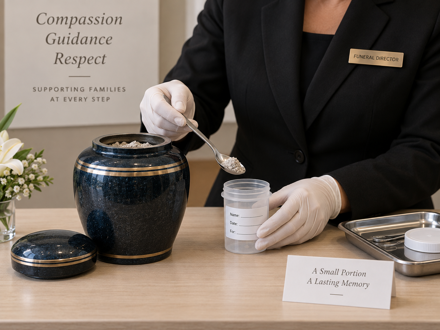 Funeral director portioning a small amount of cremated remains into a labeled container at a service desk