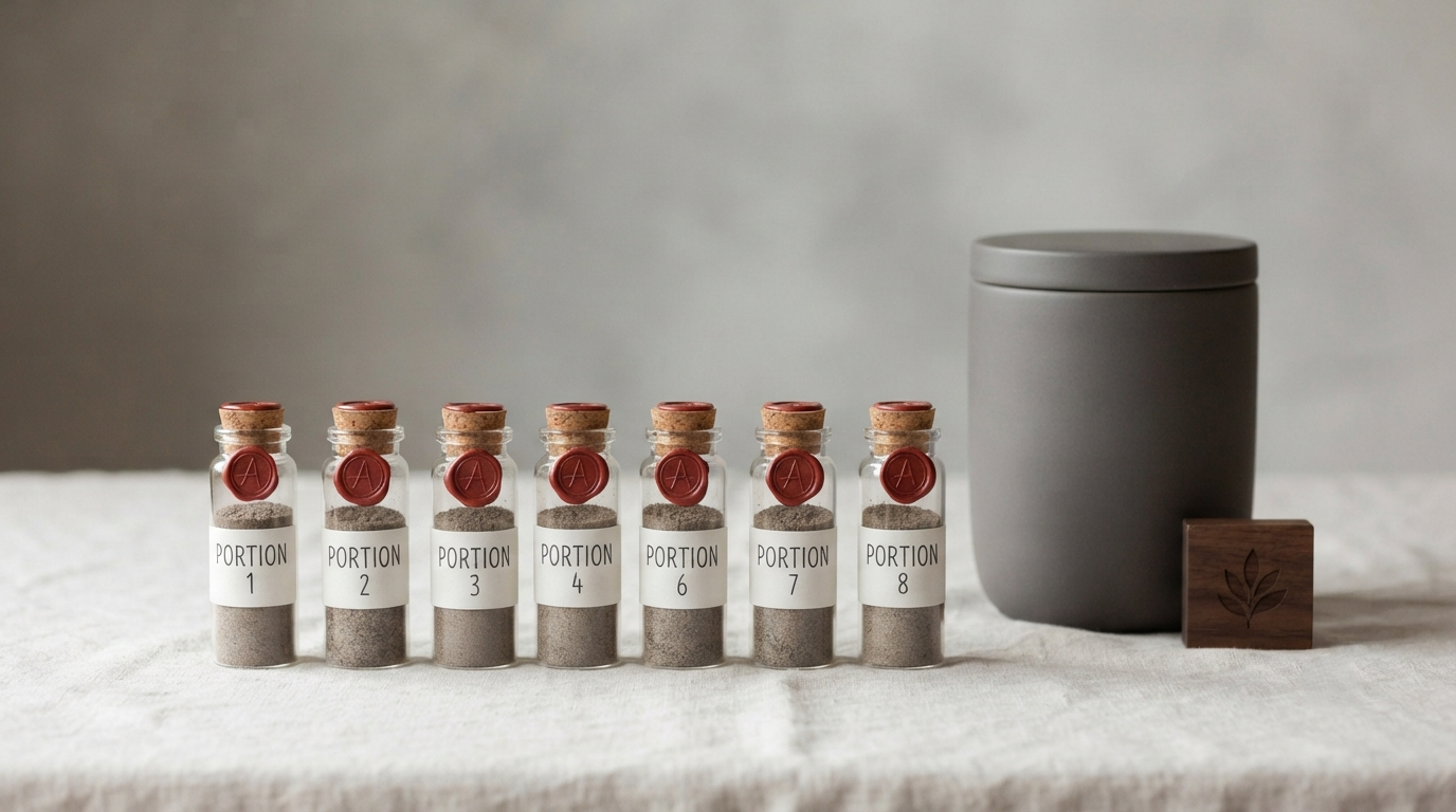 Several small sealed vials of cremated remains lined up beside a closed urn, each holding one portion