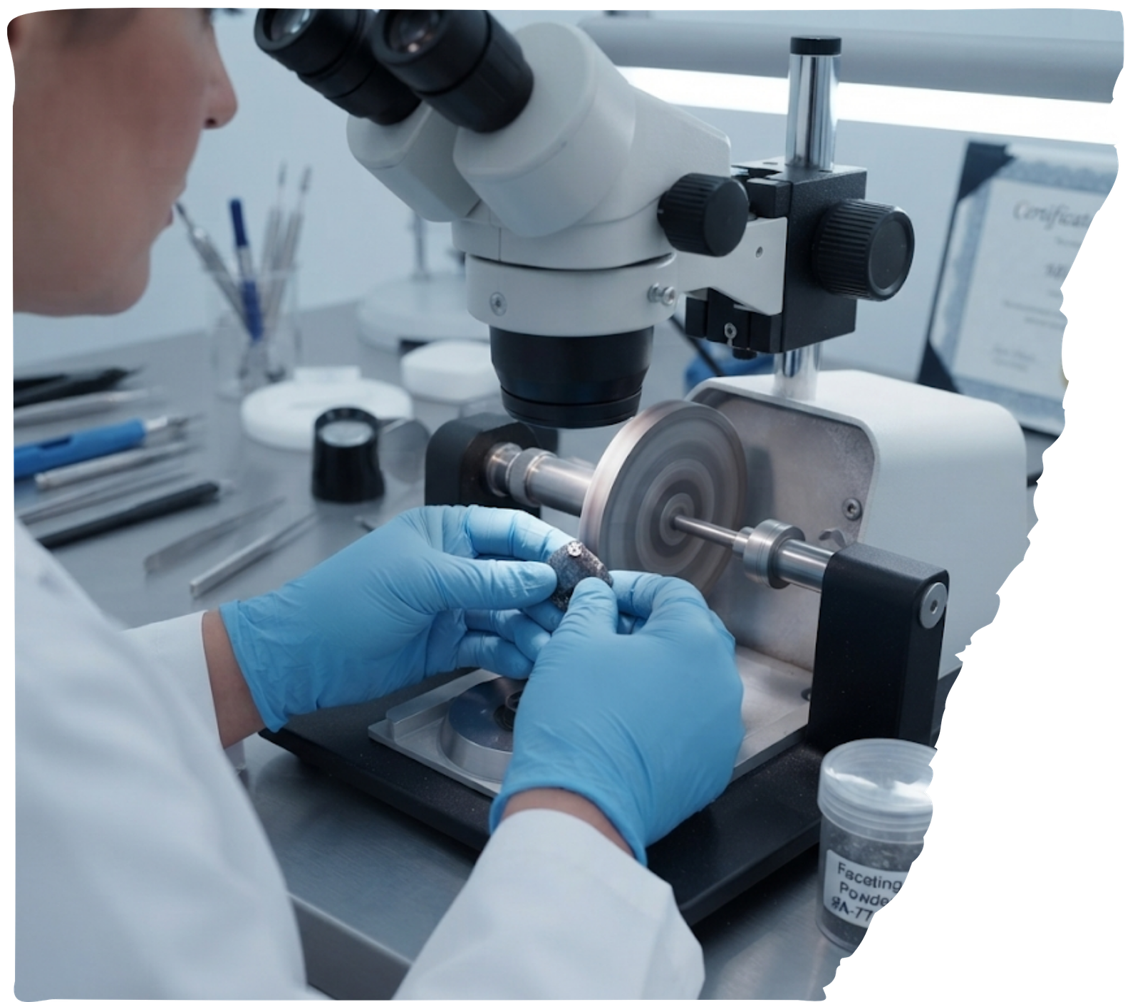 Master technician examining a memorial diamond under a microscope during the precision cutting and polishing process.