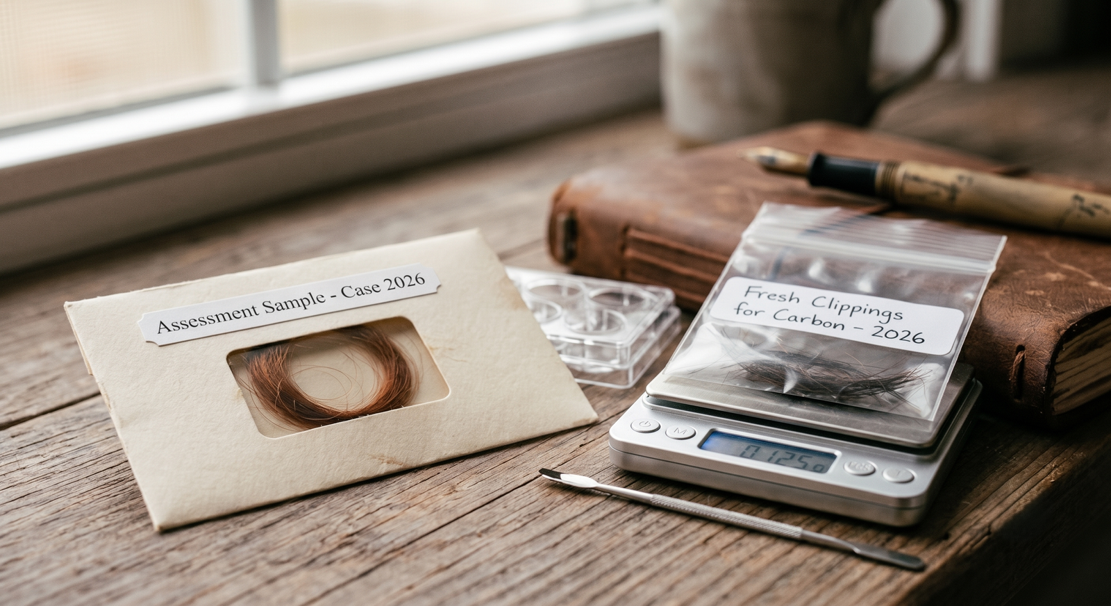  A photograph of a hair sample beside a small scale, ready to send for assessment 