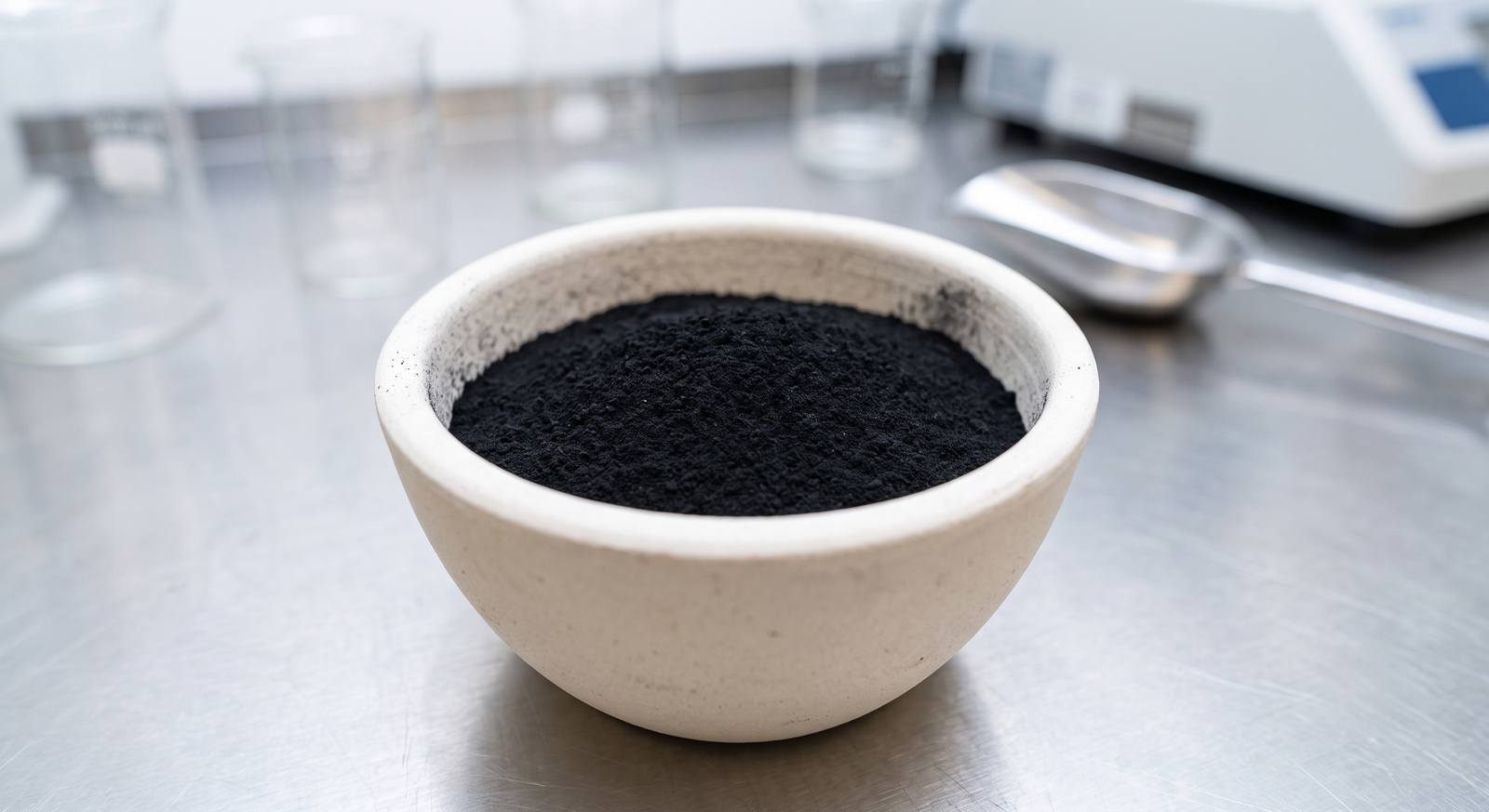 Black purified carbon powder in a laboratory crucible before graphitization 