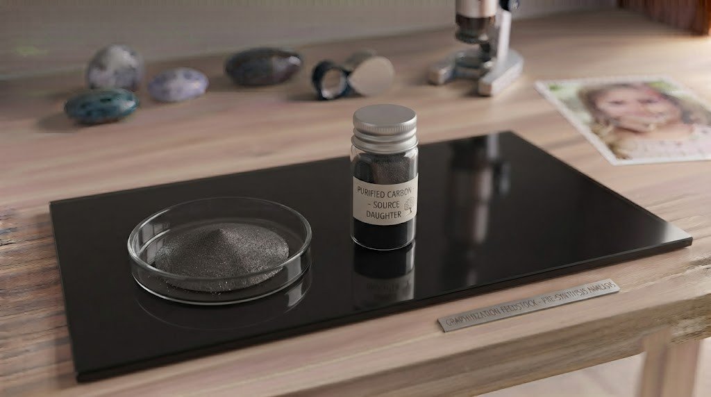 A small dish of dark graphite feedstock beside a vial of purified carbon on a laboratory bench