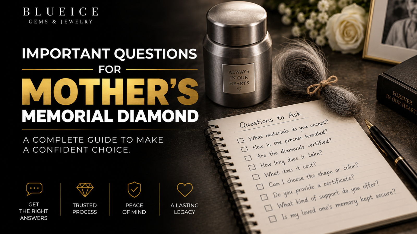 Sealed ash container and a bound lock of hair on a table beside a written list of questions