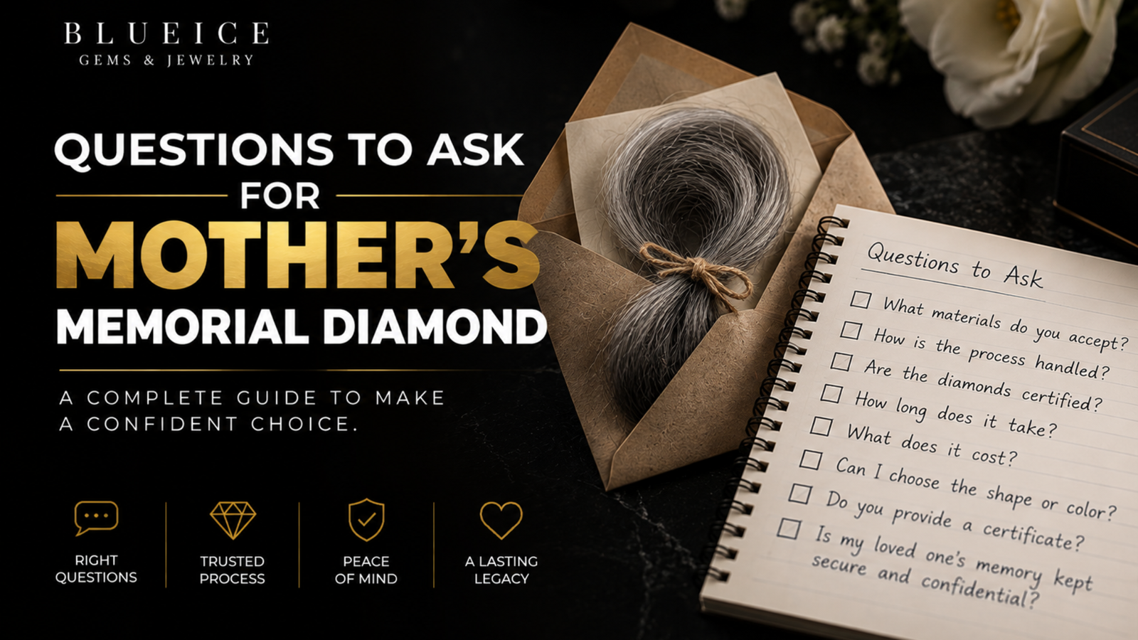 Bound lock of grey hair in an open paper envelope beside a written list of questions