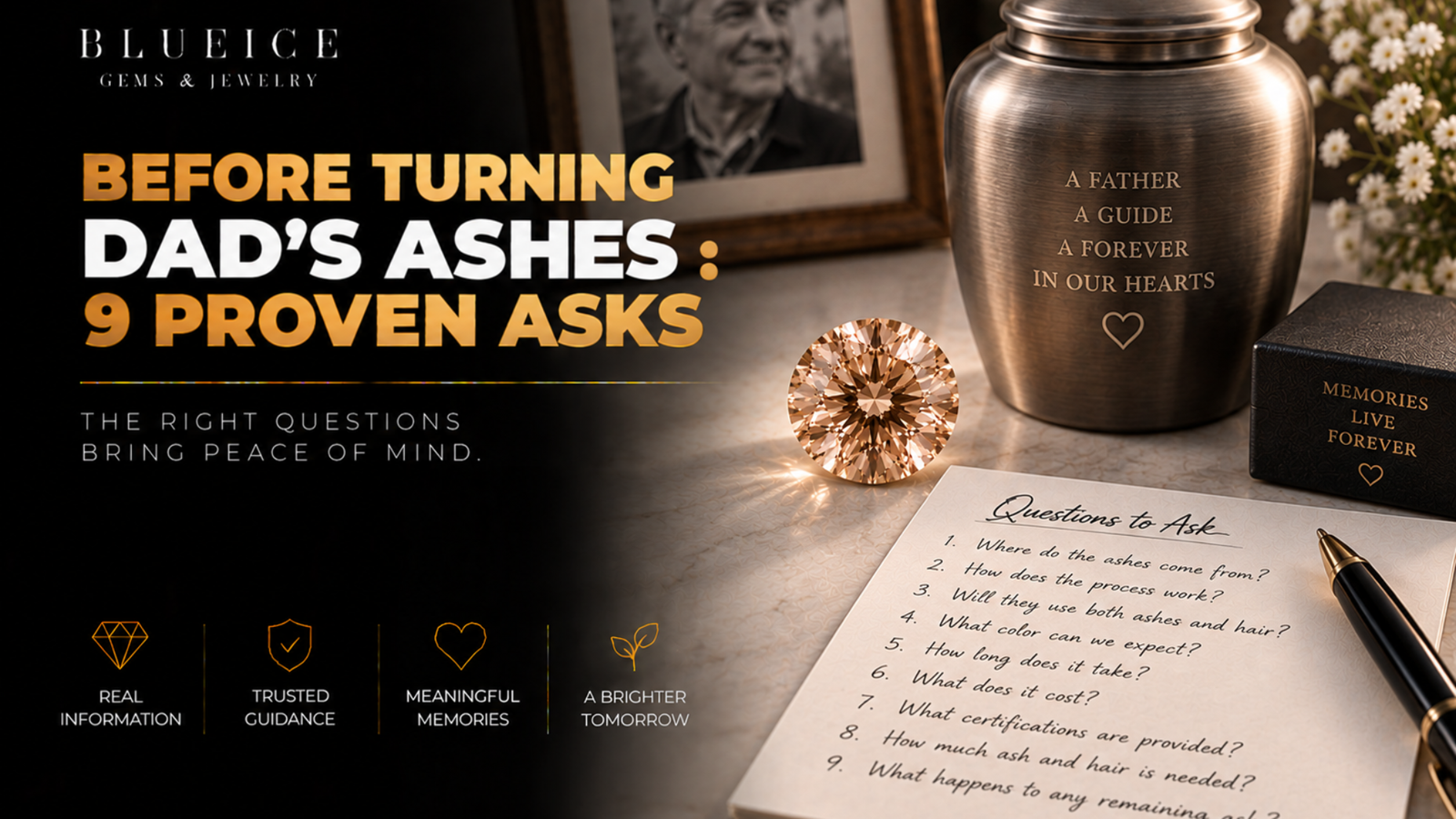 Before turning a father's ashes into a diamond: a handwritten list of questions beside a sealed urn and a loose memorial diamond