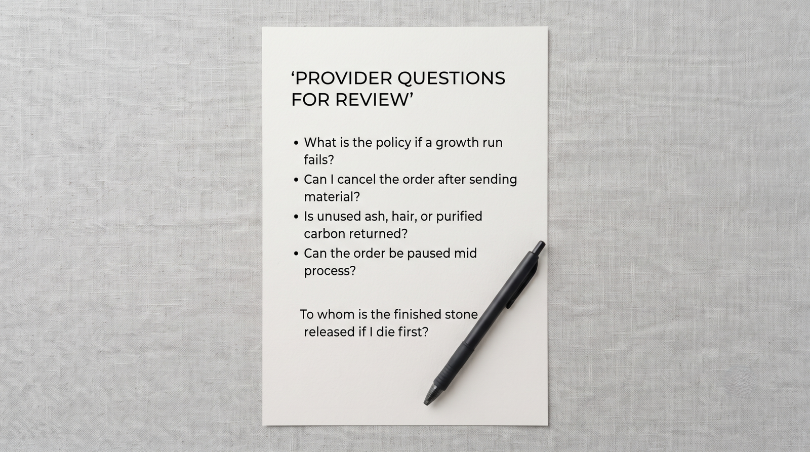 Printed list of provider questions with a pen resting on it, ready to send