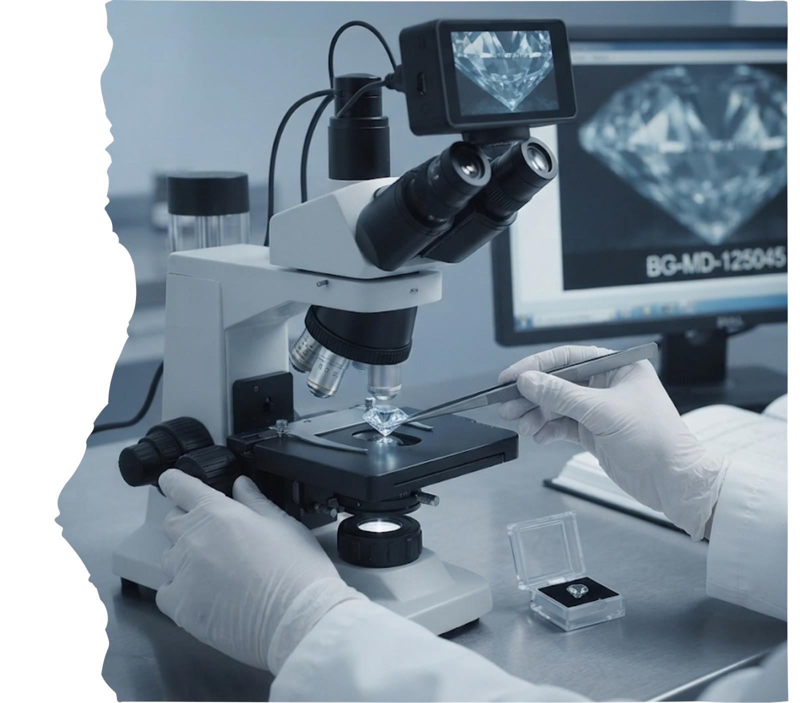 A laboratory technician uses tweezers to place a newly synthesized, brilliant-cut memorial diamond onto the stage of a gemological microscope for quality analysis and verification.