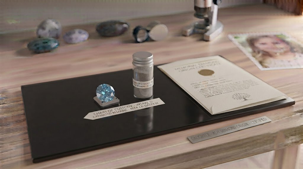 A loose blue-toned memorial diamond of the kind a family hopes is really made from daughter ashes, beside a small sealed ash container and its origin paperwork