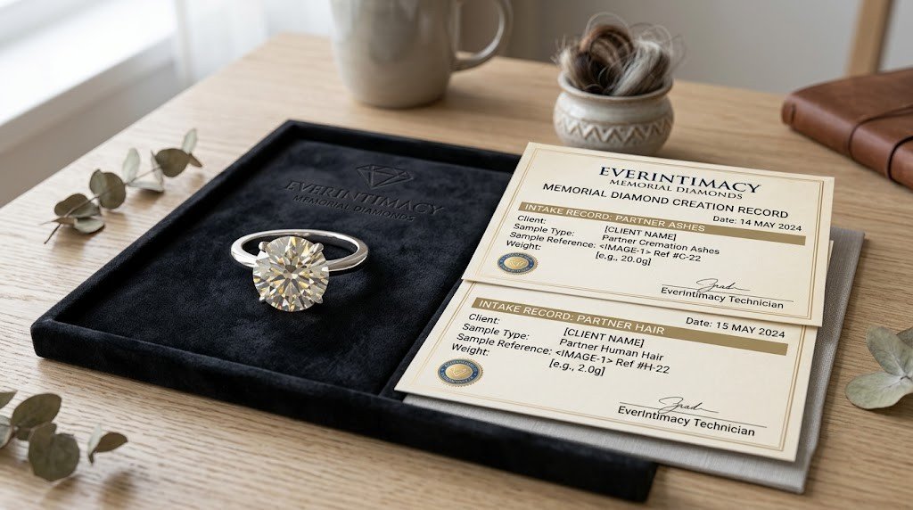 A memorial diamond really made from partner ashes and hair shown beside two separate dated intake records