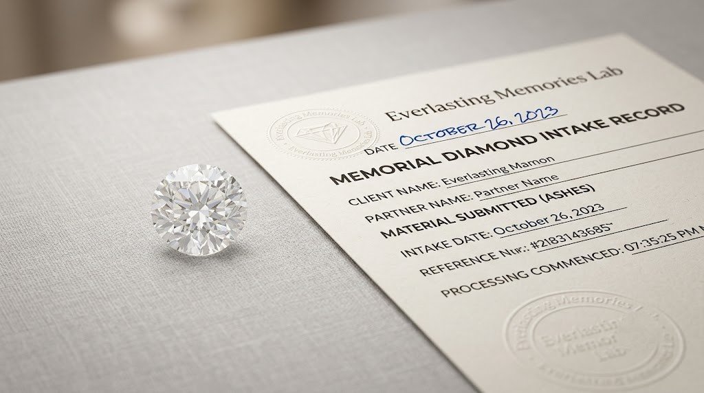 A memorial diamond really made from partner ashes resting beside its dated intake record on a plain surface 