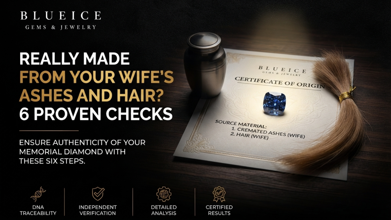 Really made from your wife's ashes and hair: a small blue lab-grown memorial diamond on an origin certificate listing two material lines, beside a sealed ash container and a tied lock of hair