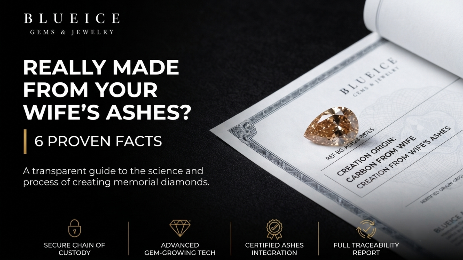 Really made from your wife's ashes: a small champagne-toned lab-grown memorial diamond resting on its reference-numbered origin certificate