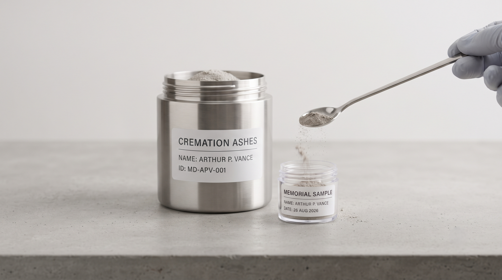 Small labelled sift-proof container being filled from a larger urn with a clean spoon on a plain surface