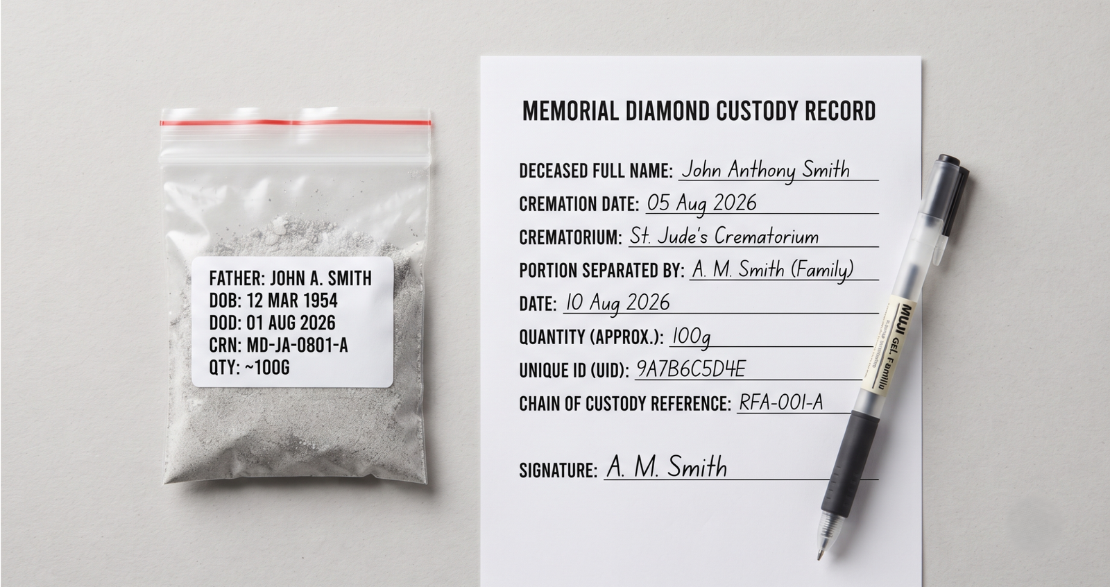 Small sealed and labelled bag of cremated remains beside a handwritten record sheet and a pen