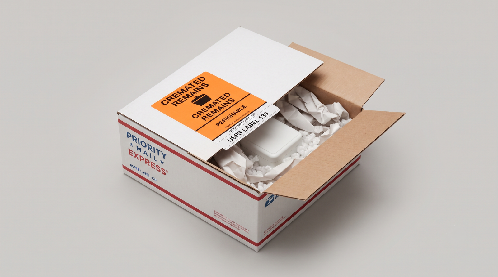 USPS Priority Mail Express parcel carrying the required cremated-remains label, cushioning visible inside