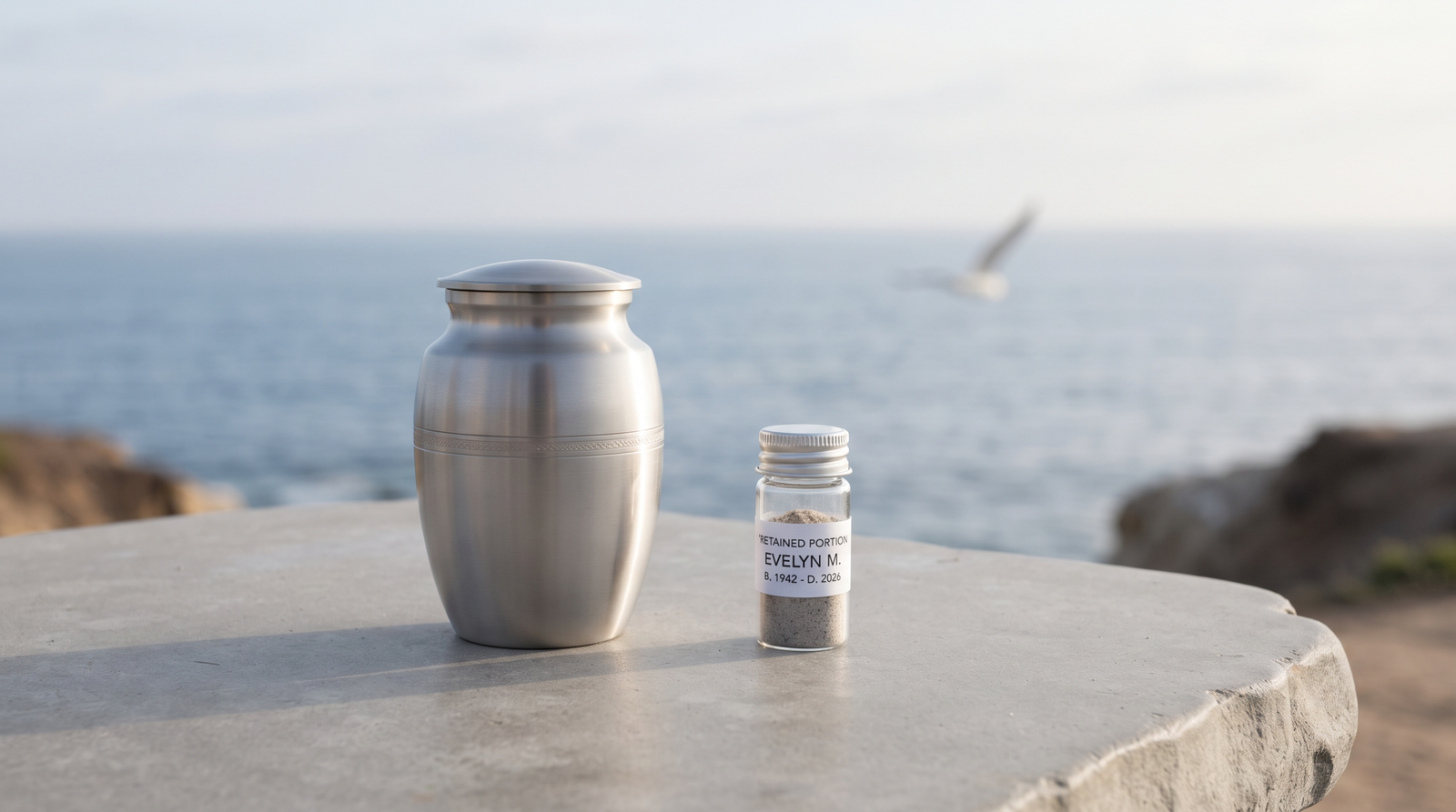 Sealed labelled container set aside beside an urn before a scattering