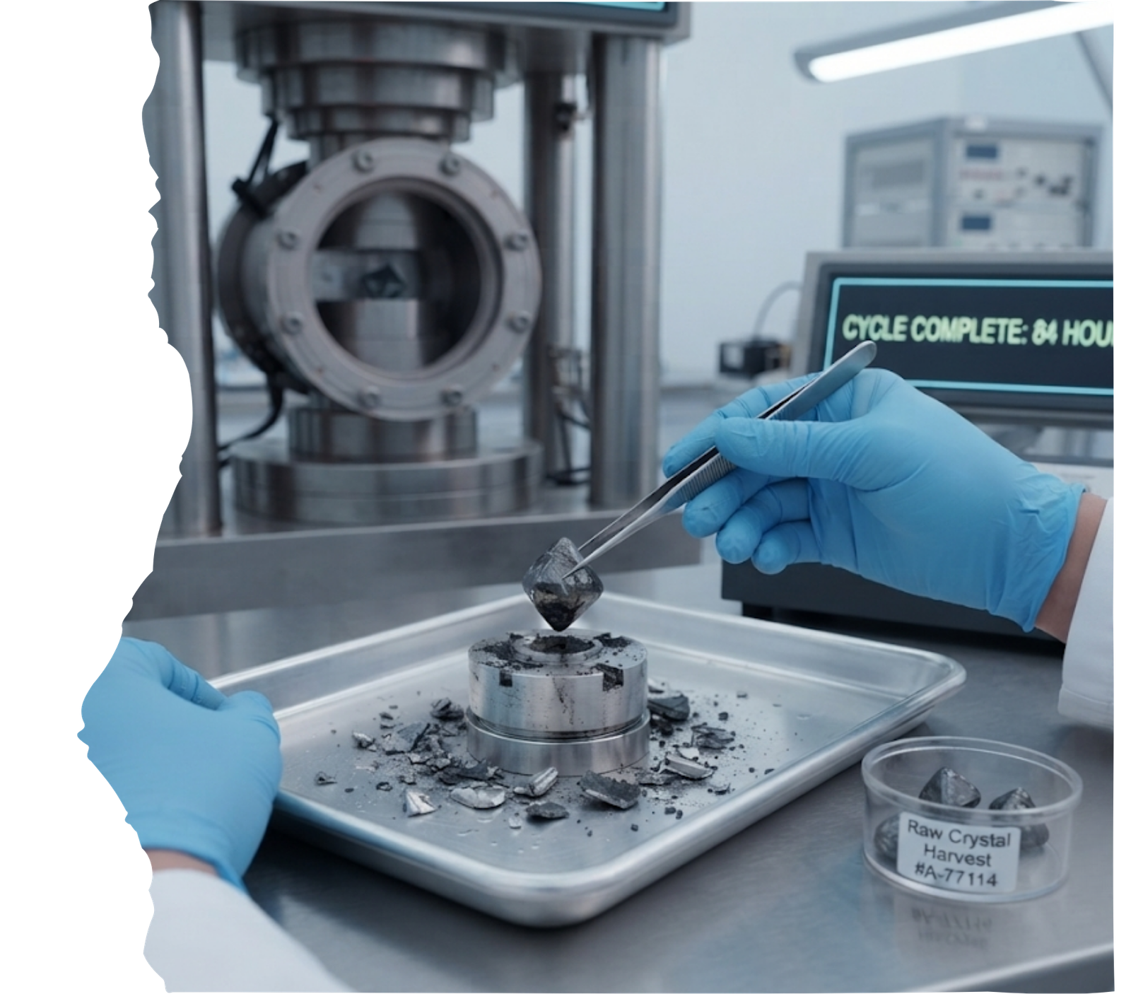 A lab specialist using tweezers to extract a freshly grown rough memorial diamond from its growth cell after the HPHT cycle.