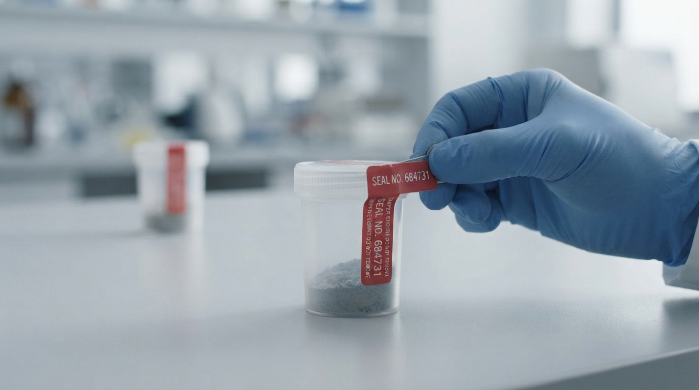 A pre-numbered tamper-evident seal being applied to a small intake container on a table
