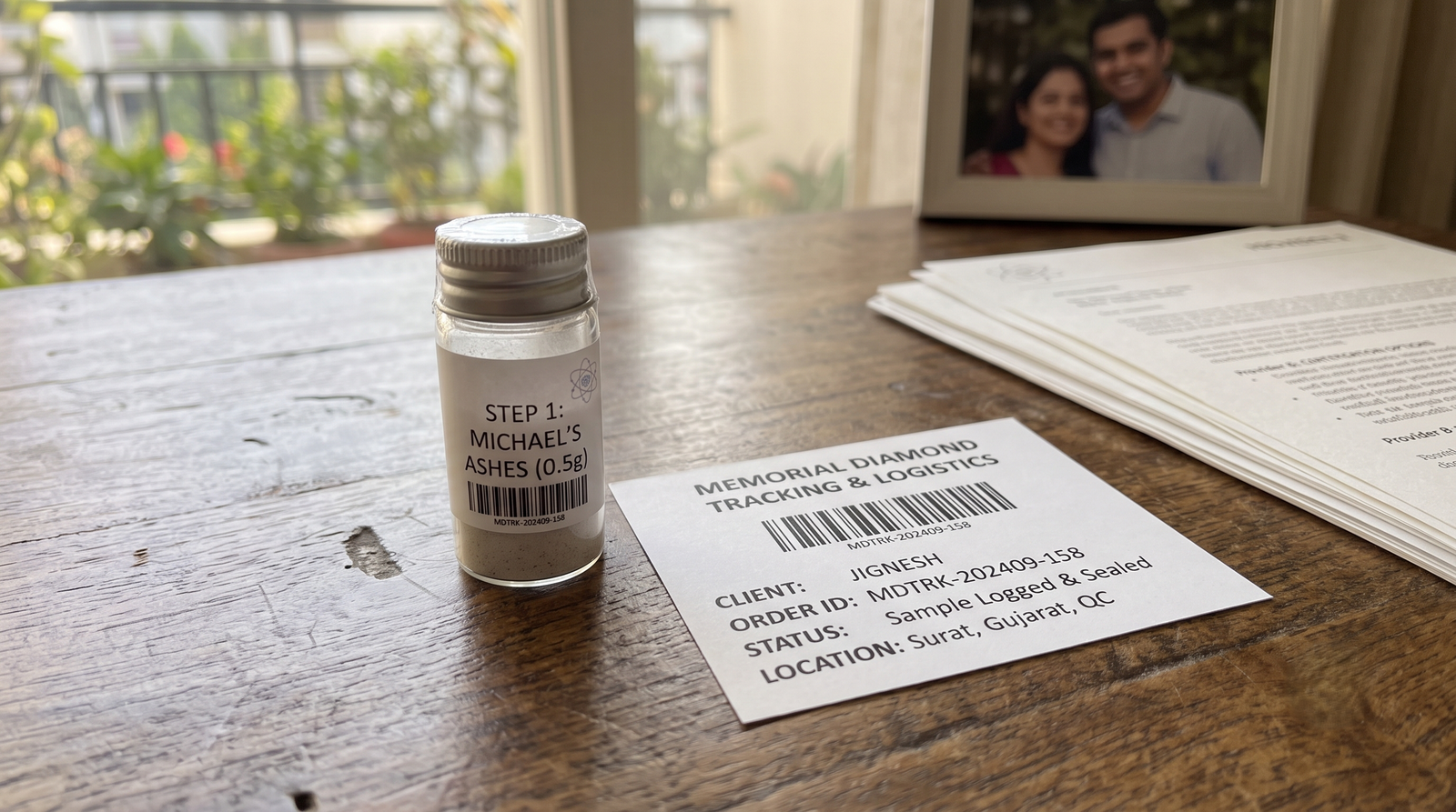 Husband ashes diamond steps: a labelled portion of cremated remains, a handwritten note, and a loose yellow lab-grown diamond arranged in sequence on a table