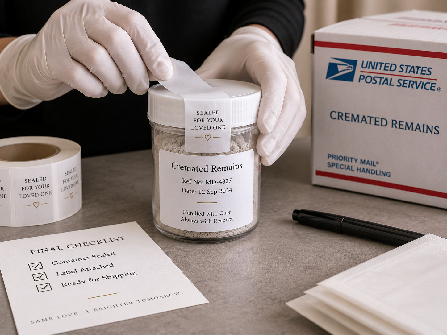 Sift-proof inner container being sealed on a clean table beside the official USPS Cremated Remains box