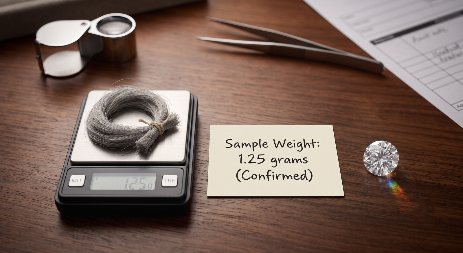 Father's hair diamond sequence: a small tied lock of hair on a scale, a written note of the weight, and a loose lab-grown diamond laid out in order