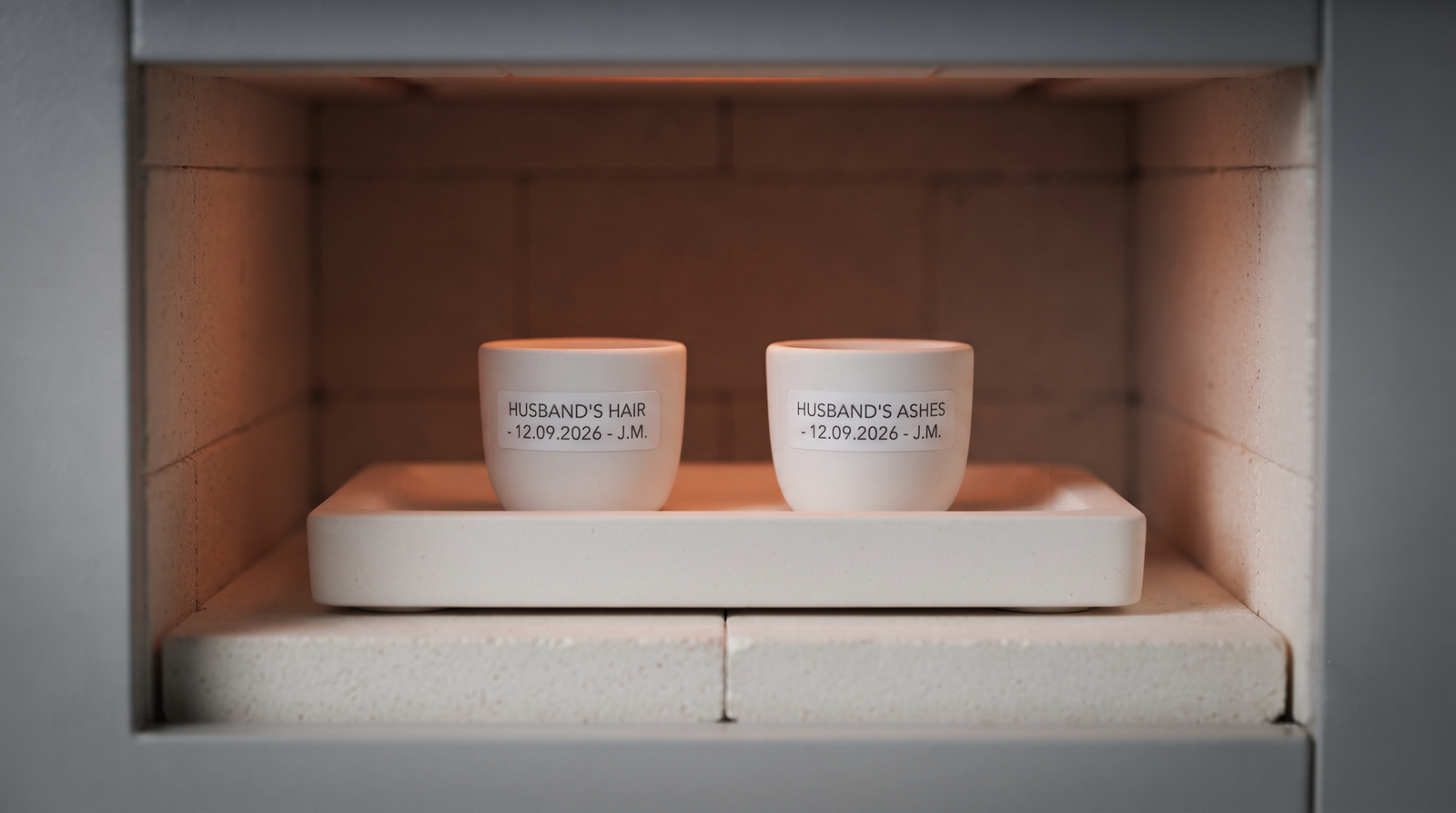 Two labelled crucibles in a laboratory furnace tray