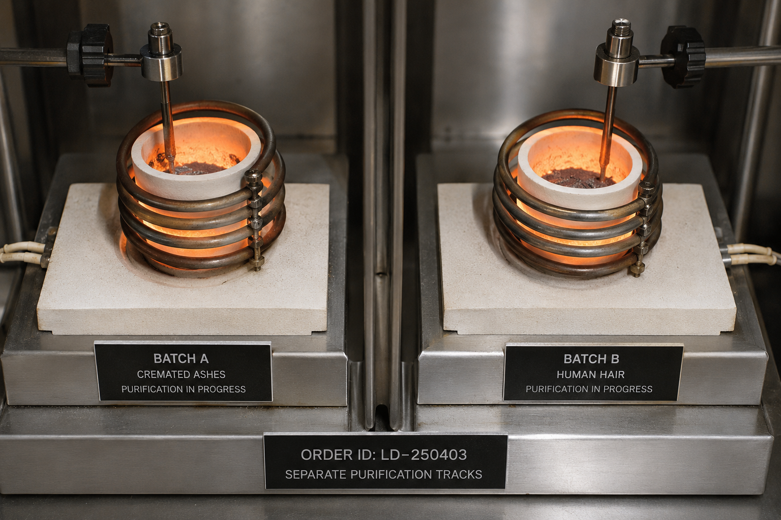 Two laboratory crucibles running separate carbon purification batches for one memorial diamond order

