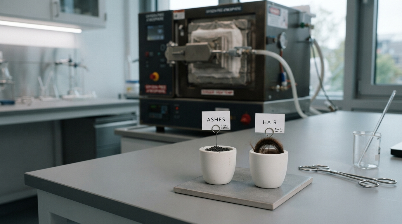 Two labeled crucibles — one marked ashes, one marked hair — on a laboratory bench before an oxygen-free furnace