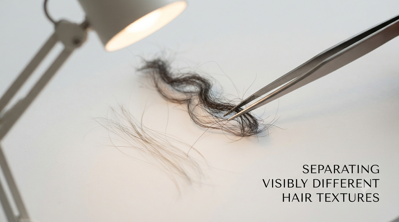Two visibly different hair textures being separated with tweezers under a lamp