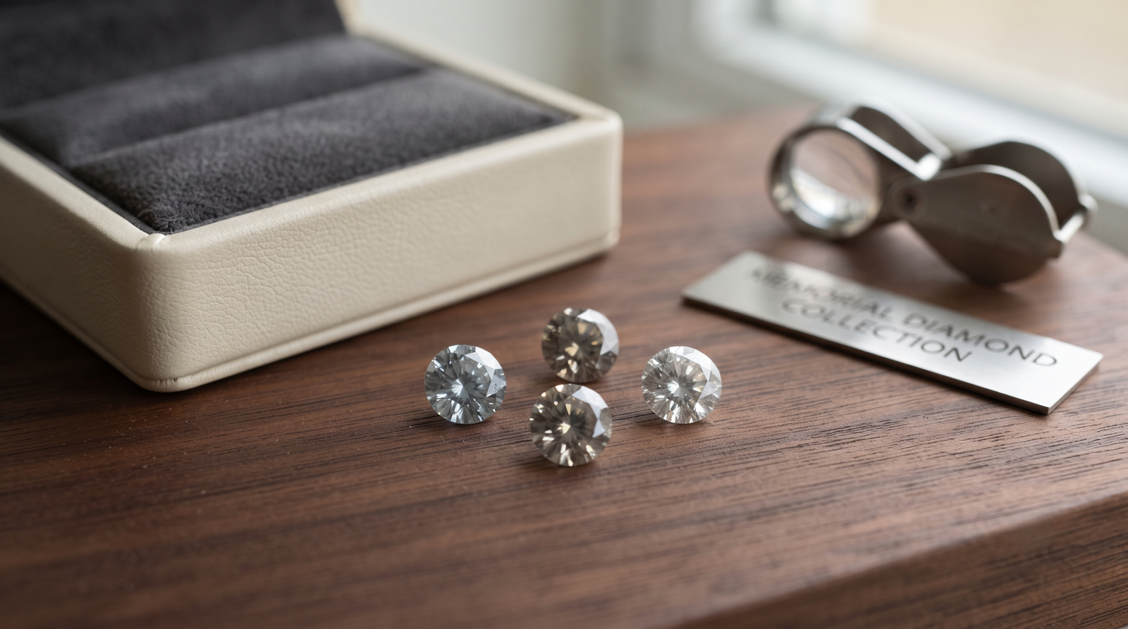 Four small memorial diamonds of slightly different tones laid out together