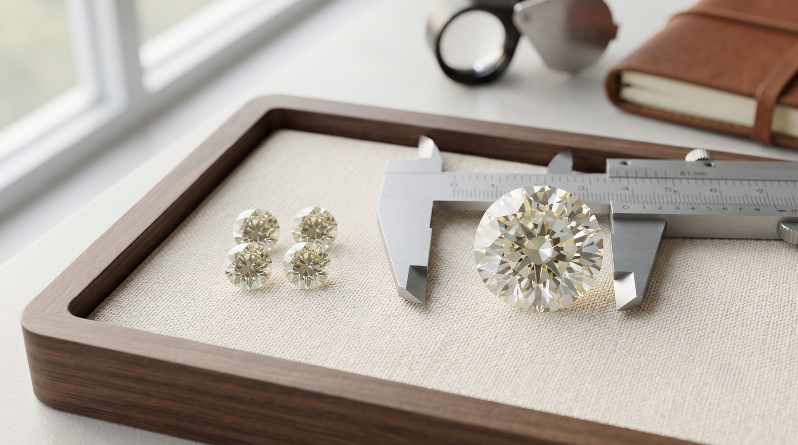 Four quarter-carat stones beside one two-carat stone for scale