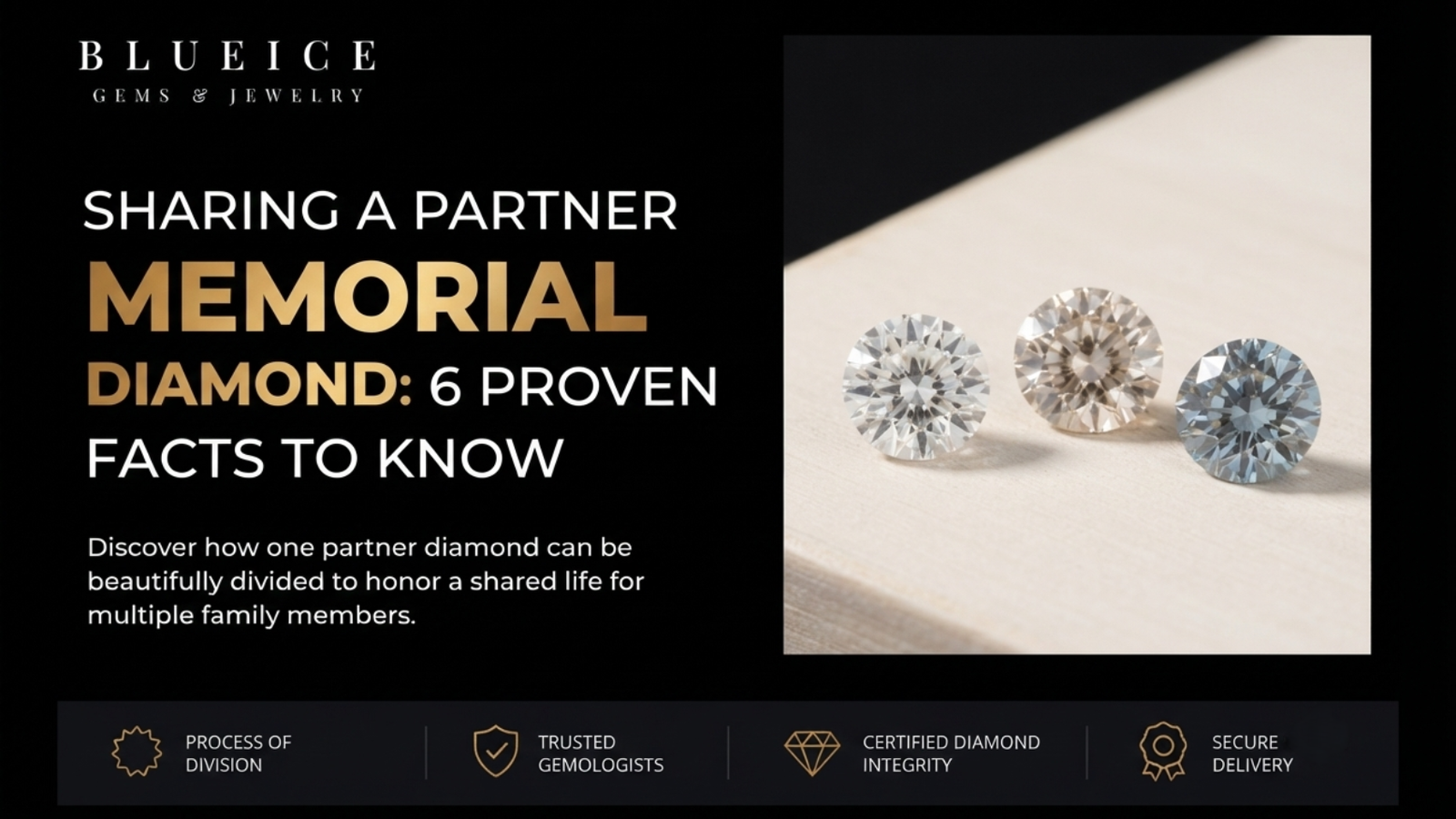 Three finished memorial diamonds of slightly different tones on a pale surface, showing what sharing a partner memorial diamond between several people produces