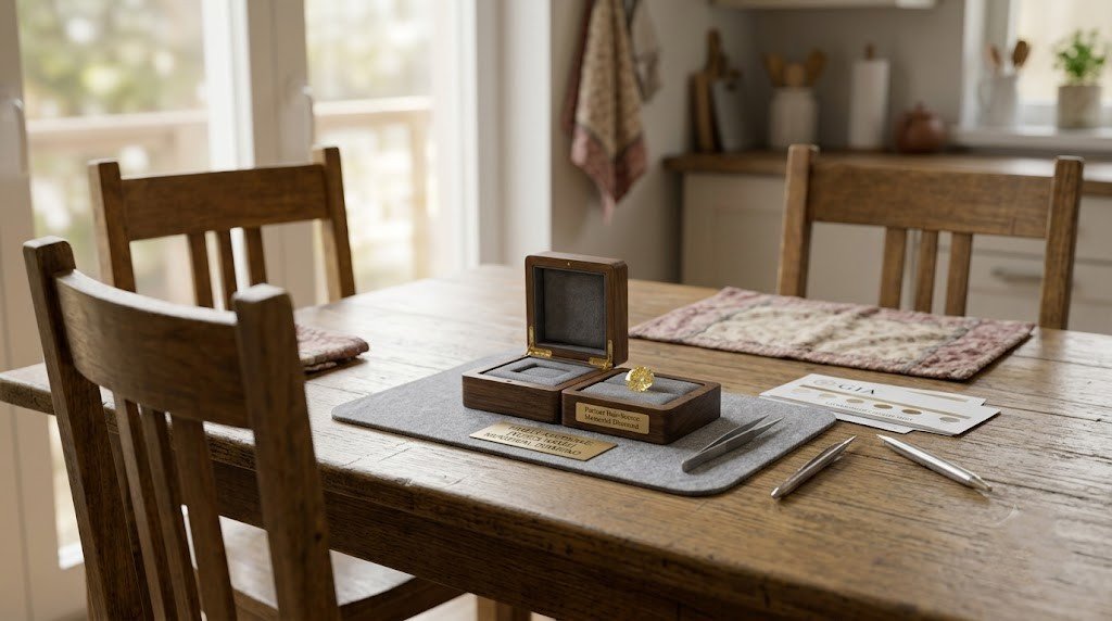 haring a wife memorial diamond: three empty chairs around a kitchen table with a single labeled keepsake container in the center